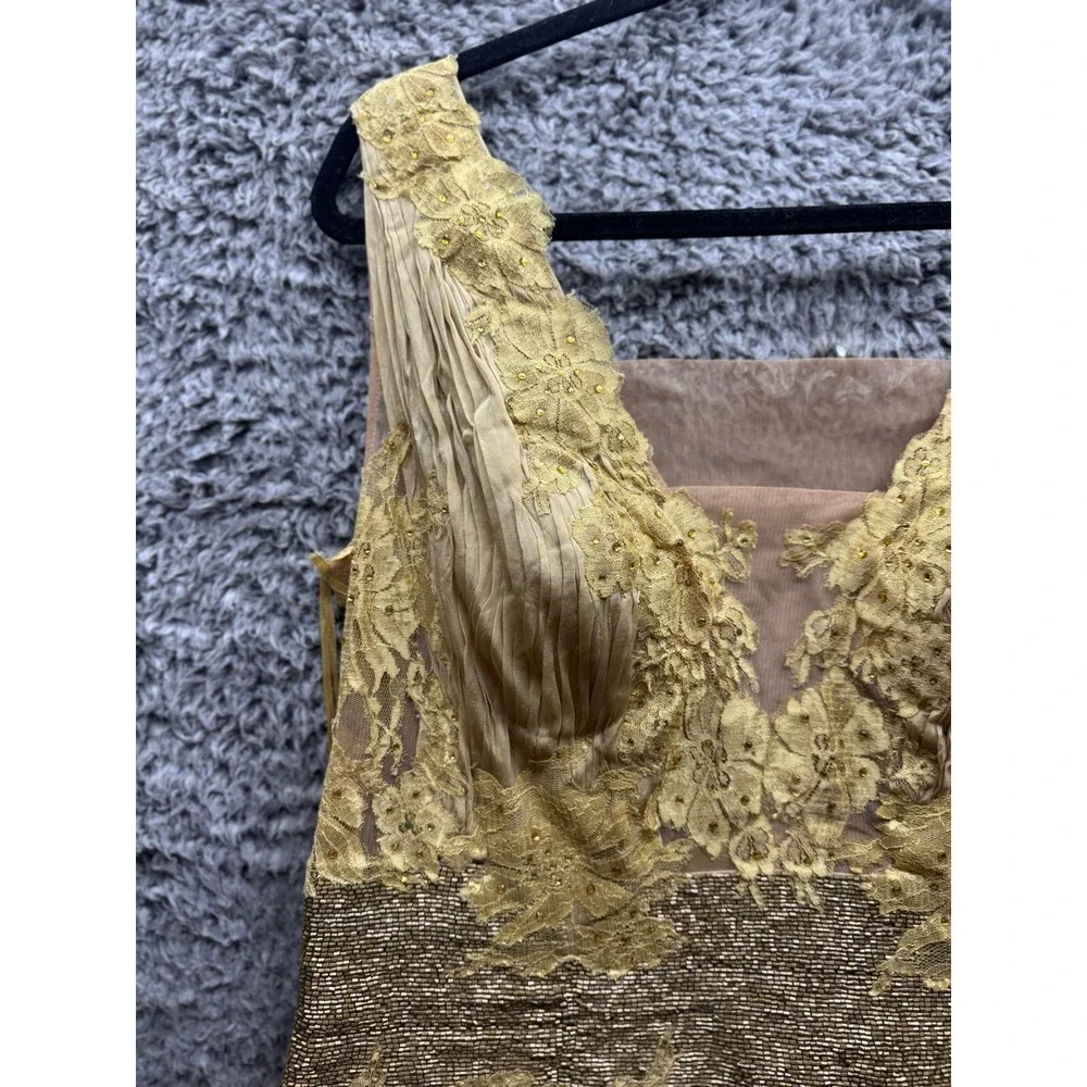Alberto Makali Silk & Sequin Sleeveless Long Evening Gown Gold Womens Size 14